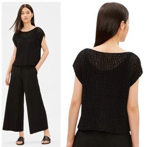 Eileen Fisher Black Organic Cotton Bateau Neck Oversized Knit Vest S